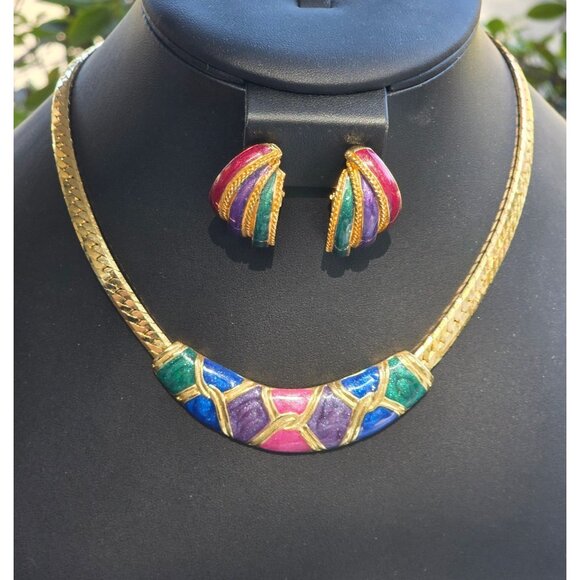 Vintage Gold-Tone Enamel Necklace & Clip-On Earrings Set '80 Era Like New 18" - Picture 1 of 12